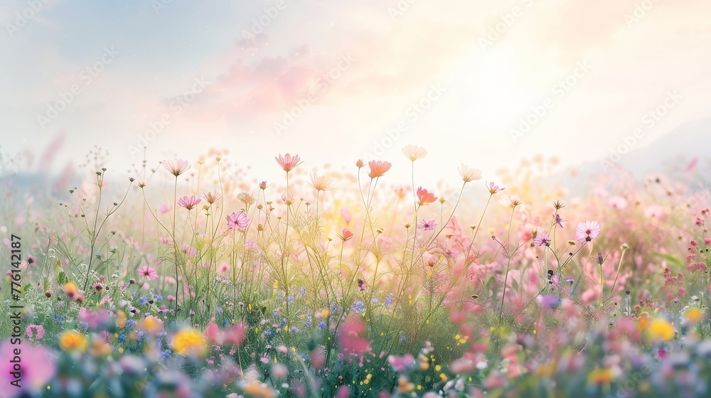 Sunkissed, pastel wildflower field, watercolor tranquility, inviting a peaceful escape