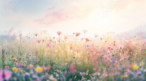 Sunkissed, pastel wildflower field, watercolor tranquility, inviting a peaceful escape