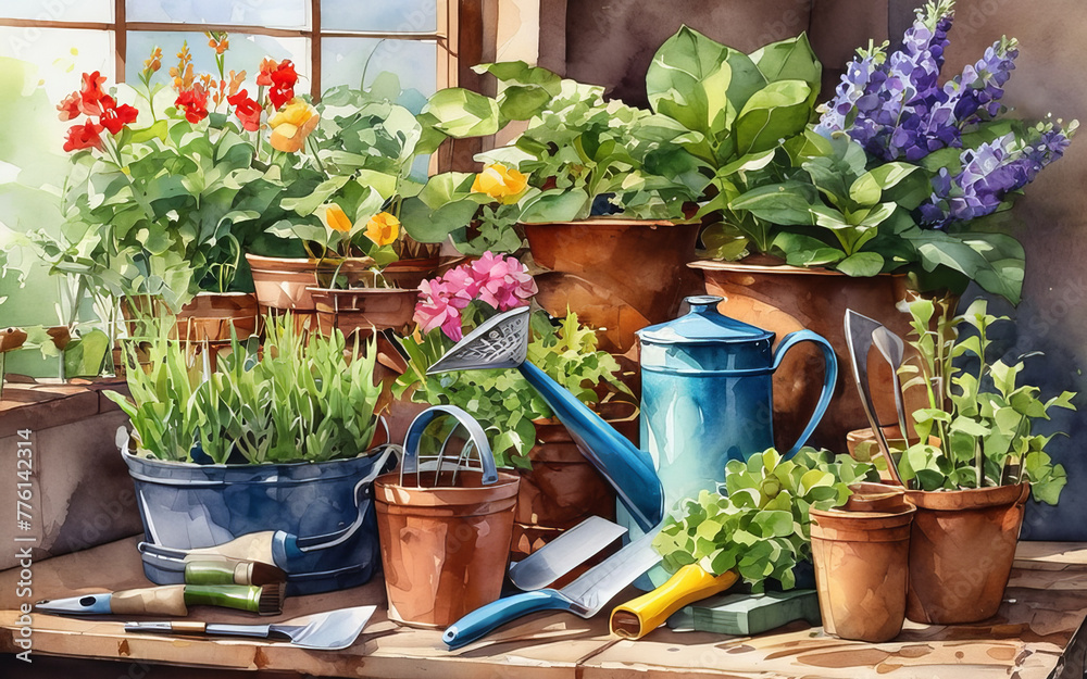 Illustrative interpretation in watercolor style, depicting the concept of gardening through a colorful and artistic representation of various garden supplies. Illustrative interpretation in watercolor style, depicting the concept of gardening through a colorful and artistic representation of various garden supplies.