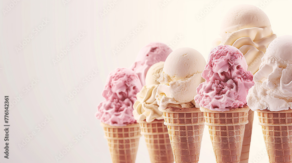 A delightful variety of ice cream scoops in waffle cones arranged in a row against a light gradient backdrop, casting soft shadows A delightful variety of ice cream scoops in waffle cones arranged in a row against a light gradient backdrop, casting soft shadows