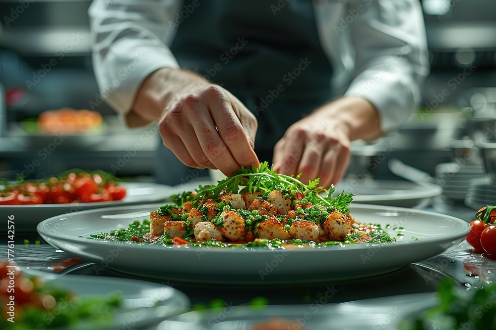 A chef plating up an exquisite dish, with fresh greens and delicate ingredients on the plate