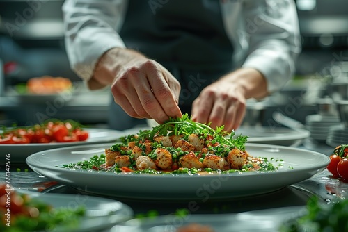 A chef plating up an exquisite dish, with fresh greens and delicate ingredients on the plate