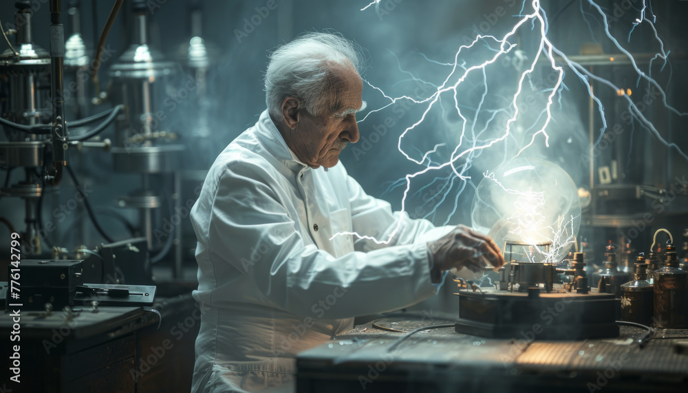 A scientist physicist and mathematician conducts experiments with electricity in the laboratory. A scientist physicist and mathematician conducts experiments with electricity in the laboratory.