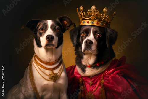 Dog, Animal portrait, Prince, Couple, King, Couple, 3D, Dressed, 1500s. DOGGY KING AND PRINCELET. The dynastic succession is guaranteed and the crown is safe.