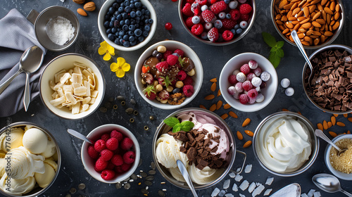 Assorted Frozen Desserts, Colorful Bowls, Delicious Ice Cream and Toppings