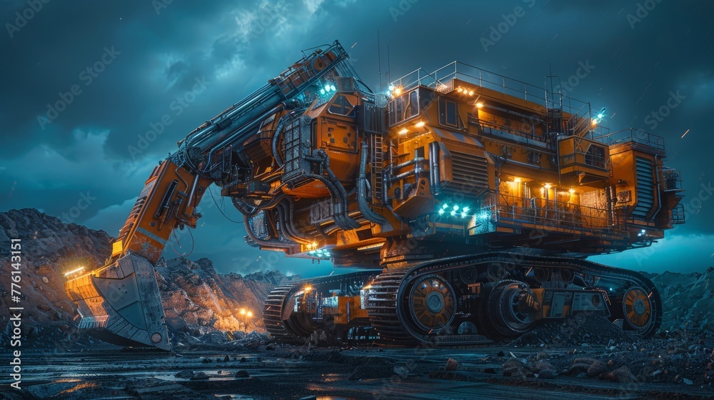 Futuristic excavator with illuminated cabin works through twilight at a mining site, showcasing heavy-duty machinery in action.
