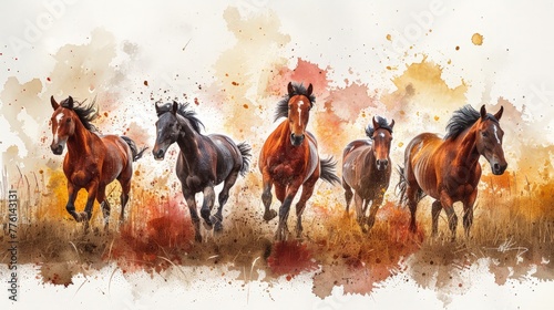 Horses are running in the dry grass fields and mountain background of the Western countryside, Watercolor style, colorful