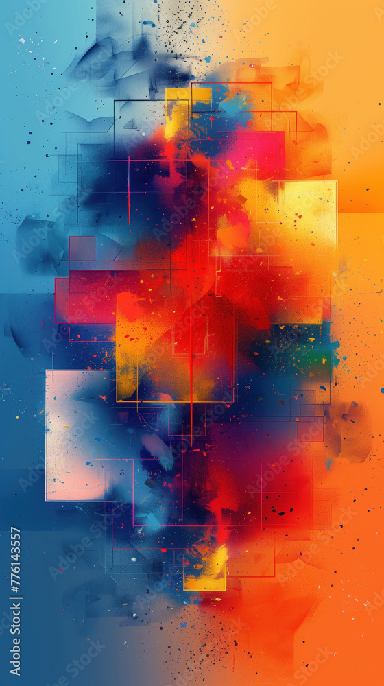 A colorful abstract painting art background with stripes a blue and orange background, wallpaper. The painting is full of splatters and has a chaotic, energetic feel to it. 