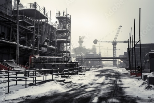 Black and white construction , monochrome picture of a construction site, construction site in black and white, AI generated © Tanu