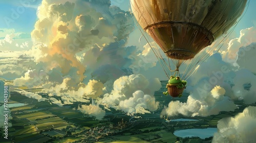 Aboard a hot air balloon, the cartoon frog enjoys a peaceful ride through the clouds, taking in breathtaking views of the landscape below. photo