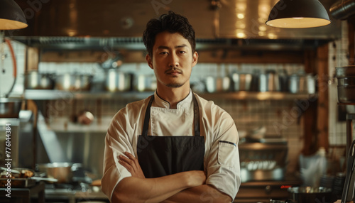 Portrait of a Japanese male chef in the kitchen. photo