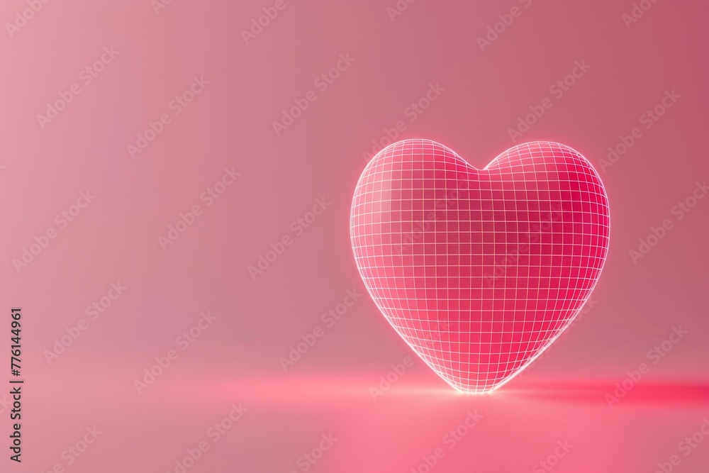 A 3D minimalist heart with a glowing neon grid, set against a gentle pastel pink background, evoking digital love