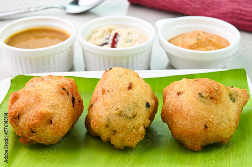Mysore bonda served in a banana leaf.