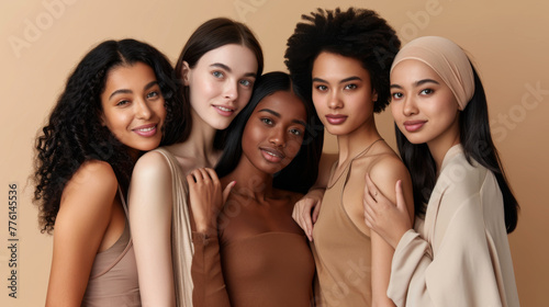 Women of diverse ethnicities are posing together, smiling in front of a neutral background