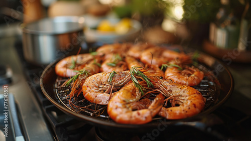 Shrimp on the grill. Grilling tasty shrimp with herbs and lemon.