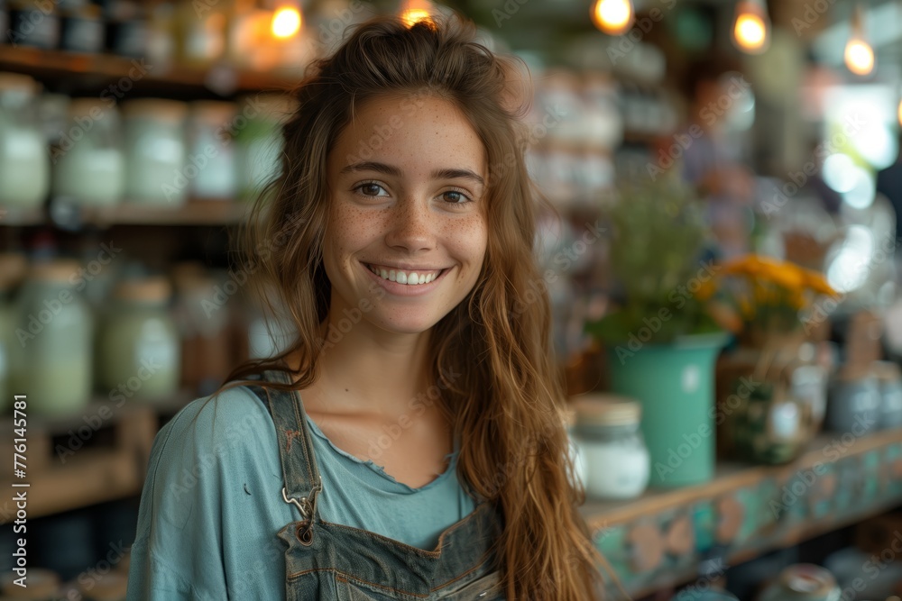 Casual woman in denim at a pottery shop Casual woman in denim at a pottery shop