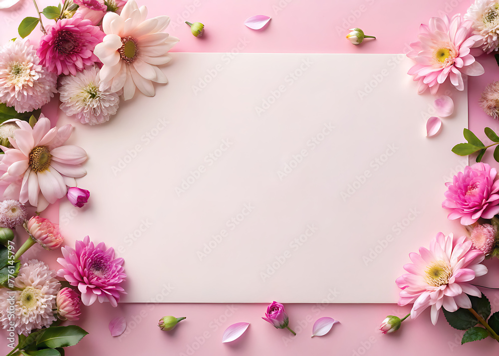 Floral banner on soft pink backdrop. Wedding, Mother's, or Women's Day card template.