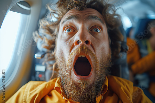 afraid scared male passenger screams of fear of aerophobia inside the airplane in turbulence flight