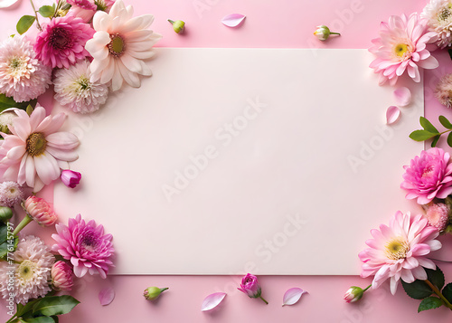 Floral banner on soft pink backdrop. Wedding, Mother's, or Women's Day card template.