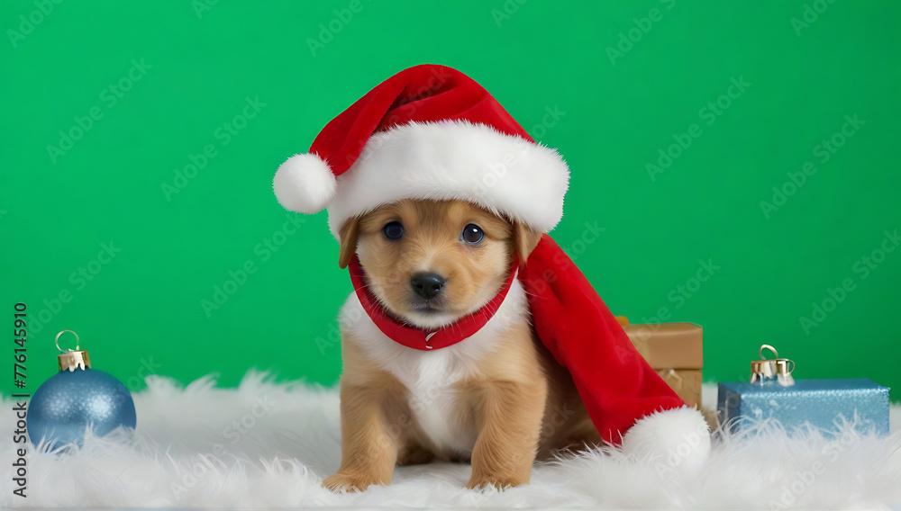An Adorable puppy in Christmas holiday costume and Santa's hat isolated on a green studio background with copy space, cute