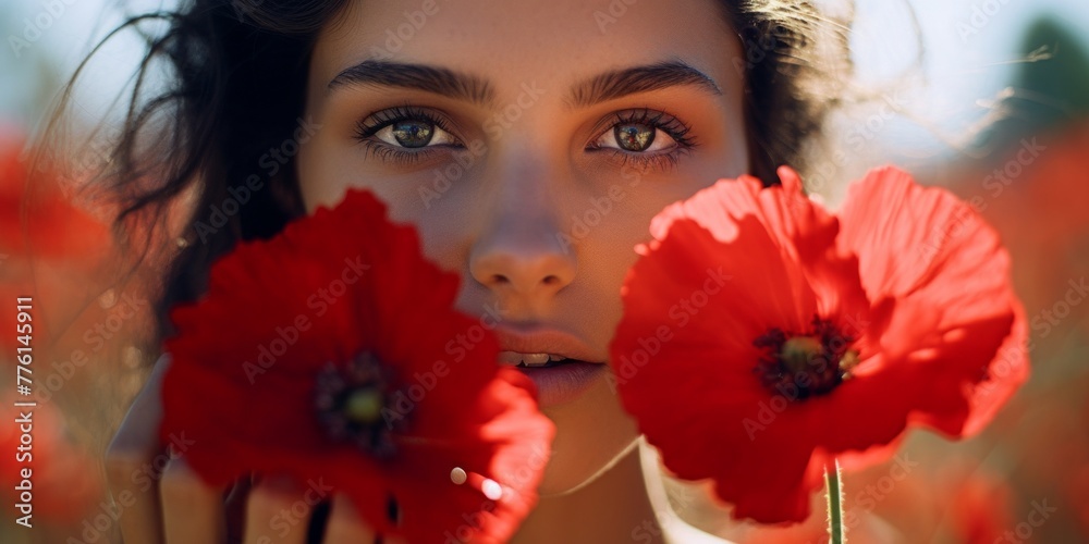 Naklejka premium Young woman in a vintage dress holding a red poppy flower up to her face in a vibrant field of poppies. Generative AI.