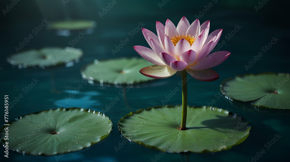 Magic glowing Lotus flower on cold blue green water background with lotus leaf and large for cosmetic product, zen.generative.ai Magic glowing Lotus flower on cold blue green water background with lotus leaf and large for cosmetic product, zen.generative.ai