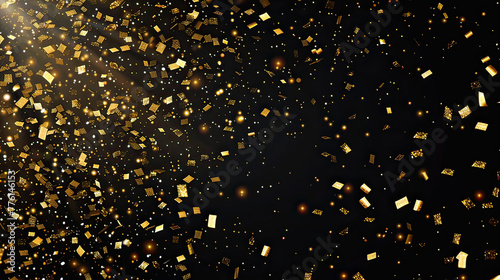 Sparkling golden confetti explosion on a dark background, leaving space for celebration messages