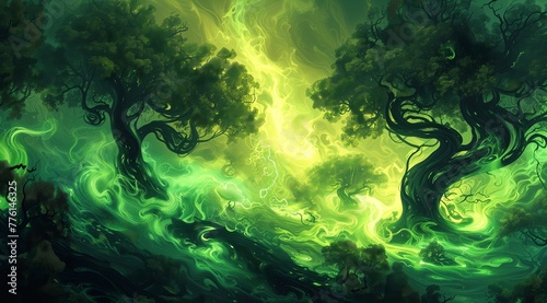 a beautiful abstract painting of trees and green liquid