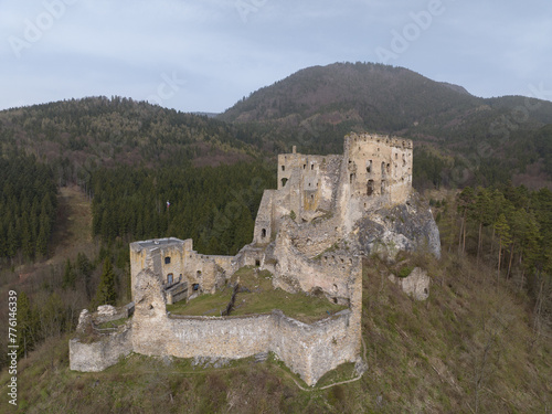 Aerial view of Likava Castle in the village of Likavka in Slovakia