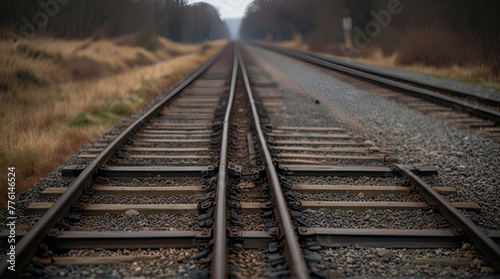 Photograph of Bare Train Tracks: Minimalist Railway Scene.generative.ai