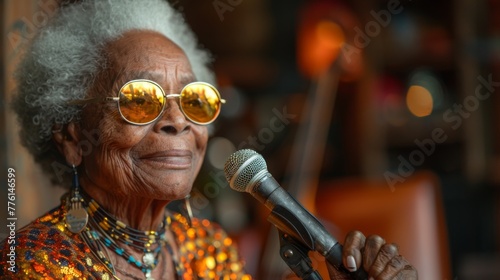 A cool granny rocking out with oversized sunglasses and a sparkling sequin dress, belting out funky tunes into a vintage microphone, her energy infectious and joyous