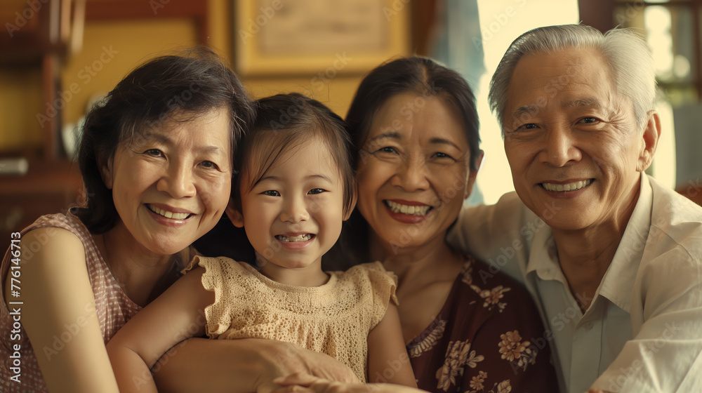 Obraz premium A warm family moment as two older women and an older man smile with a young girl, exuding happiness and togetherness