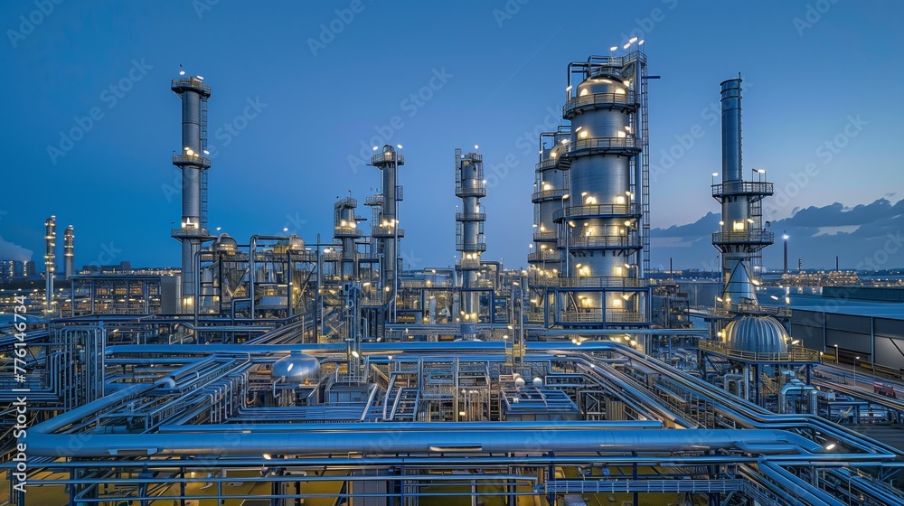 illuminated industrial infrastructure of an oil and gas plant at dusk