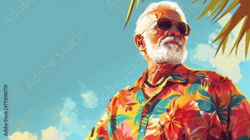 Stylish senior man chic Hawaiian shirt 2010s midday sun candid street style photo