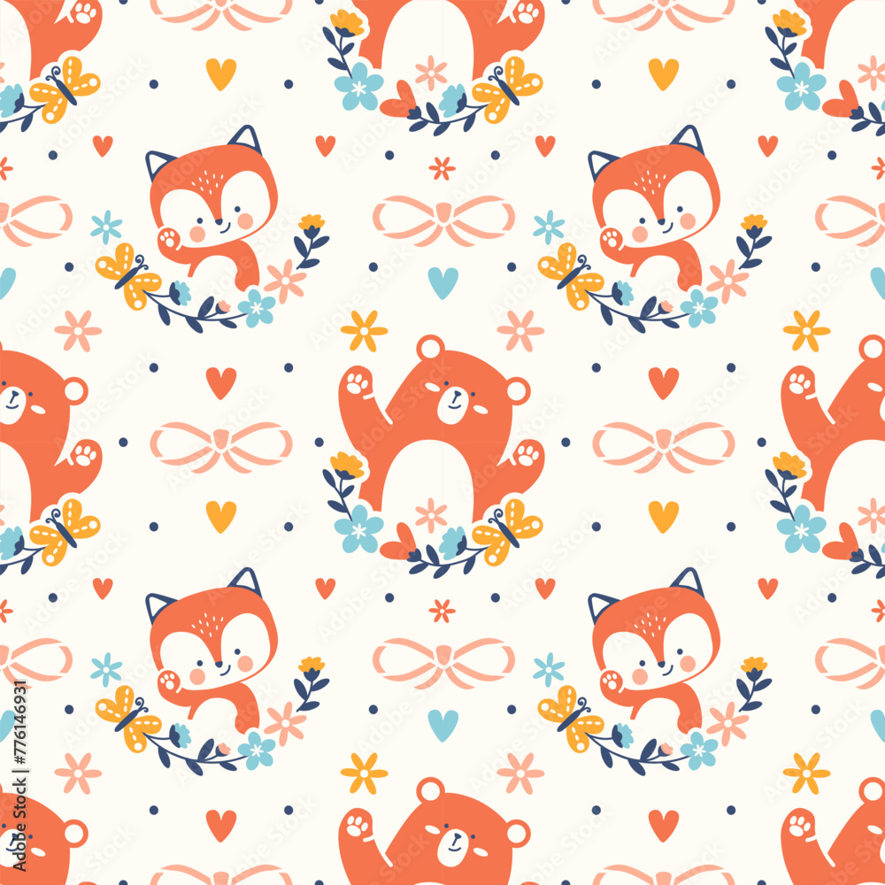 Cute animal seamless pattern. Little funny bear cub and baby fox among flowers. Spring vector background. Adorable kids textile or fabric
