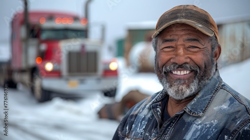 A portrait of a smiling black male truck driver in action, showcasing the joy and satisfaction of life on the road