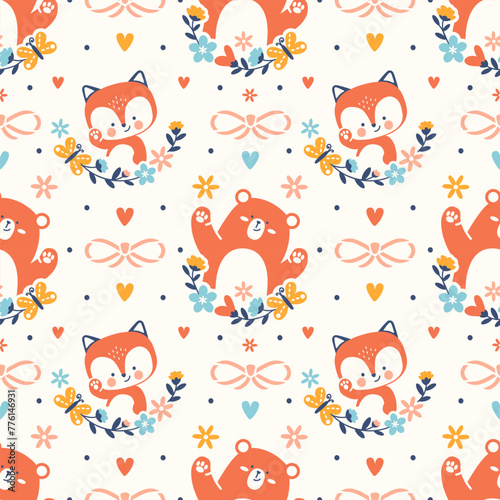 Cute animal seamless pattern. Little funny bear cub and baby fox among flowers. Spring vector background. Adorable kids textile or fabric