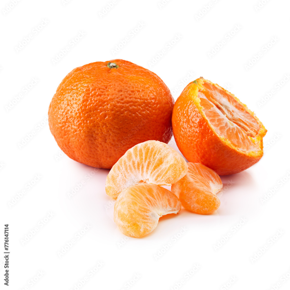 Tangerine, fruit and citrus slice in studio for vitamin c, diet and healthy nutrition on isolated white background. Food, closeup and organic for natural wellness, health and eating on mockup Tangerine, fruit and citrus slice in studio for vitamin c, diet and healthy nutrition on isolated white background. Food, closeup and organic for natural wellness, health and eating on mockup