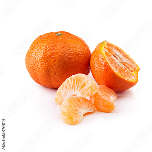 Tangerine, fruit and citrus slice in studio for vitamin c, diet and healthy nutrition on isolated white background. Food, closeup and organic for natural wellness, health and eating on mockup