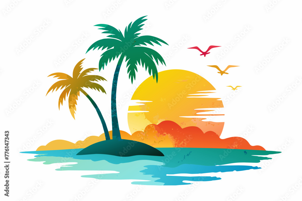 beach palm sun watercolor silhouette vector illustration