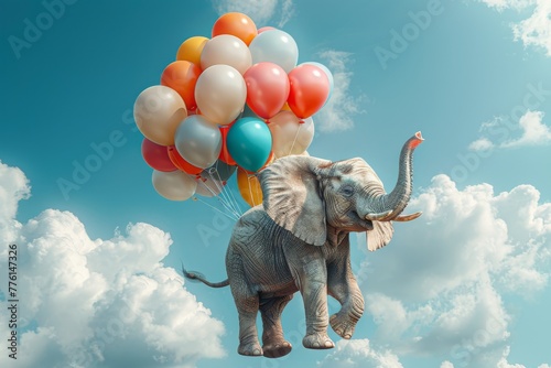 An amusing scene of a smiling elephant, gently lifted by a cluster of vibrant balloons, flying past fluffy white clouds in a bright blue sky, embodying a light-hearted escape