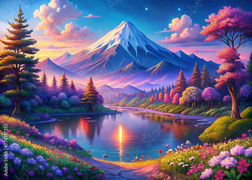 Majestic Mount Fuji overlooking a tranquil lake, framed by vibrant blooms and lush foliage.