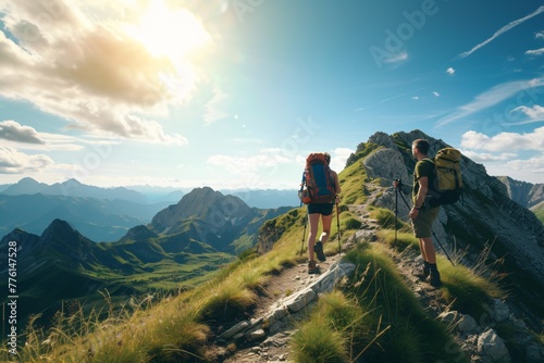 Hikers travel mountain trails, energetic, trekking, and adventurous. Varied natural lighting conditions. Warm, late afternoon sunlight. Hiking trail in the mountains