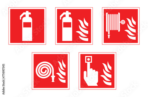 classic fire extinguisher hose alarm sign set
