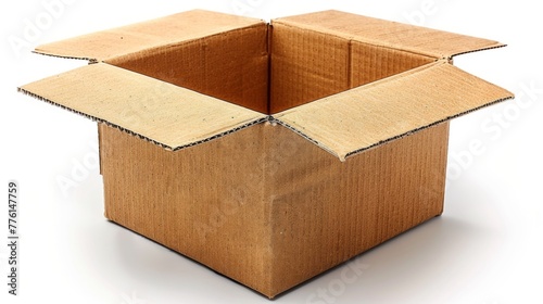 Damaged cardboard box on white background, destroyed in shipping photo
