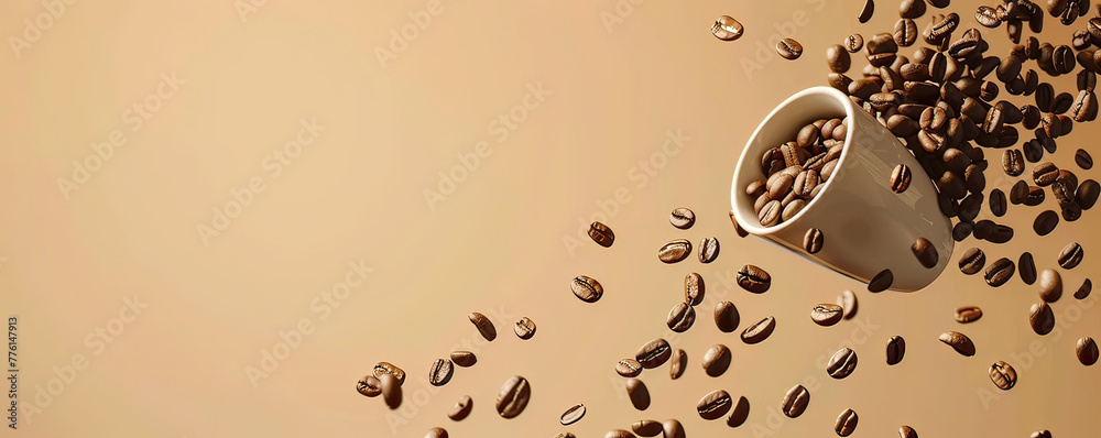 Fototapeta premium Coffee beans cascading around a latte cup, ideal for branding, space for text