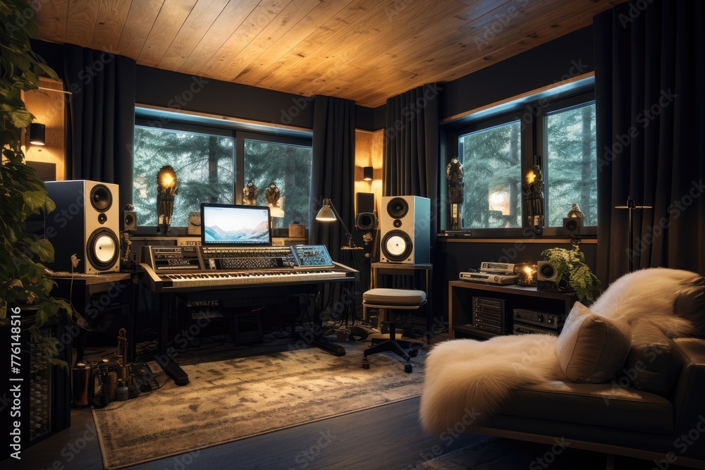 Naklejka premium Home recording studio setup, A cozy home recording studio with beautiful soundproofing, AI generated