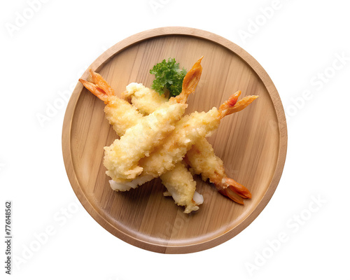 Tempura shrimp on a wooden plate isolated on transparent background.