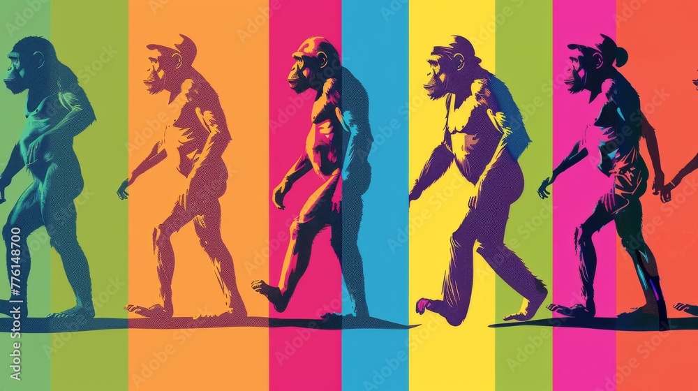 Human evolution from ape to man in bold pop art progression