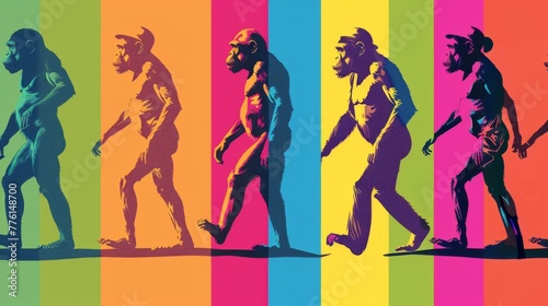 Human evolution from ape to man in bold pop art progression